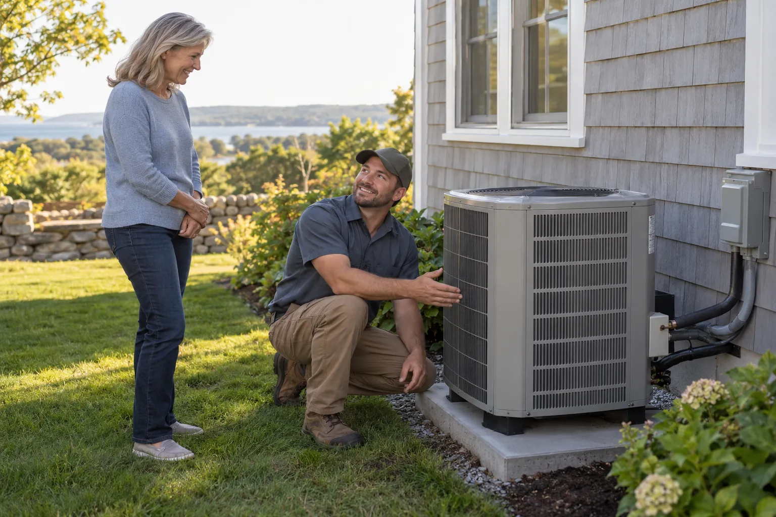 A friendly HVAC provider and a homeowner talking beside a new outdoor AC unit at a home in the Shelton area