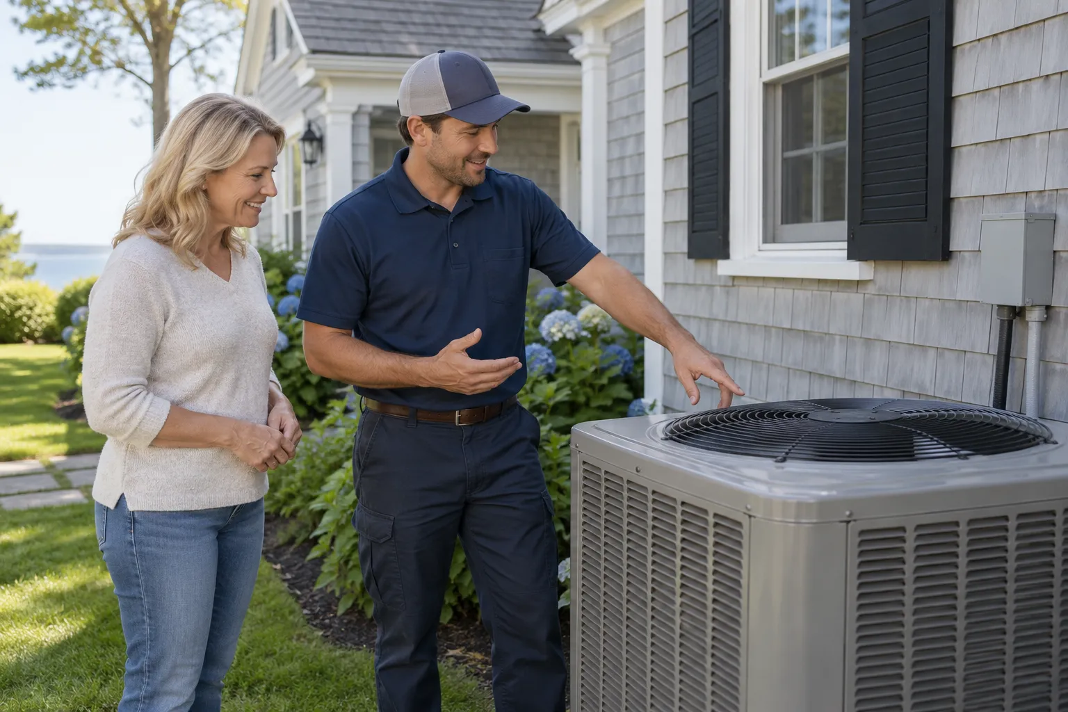 A homeowner in Shelton talking with a friendly HVAC provider beside an outdoor AC unit